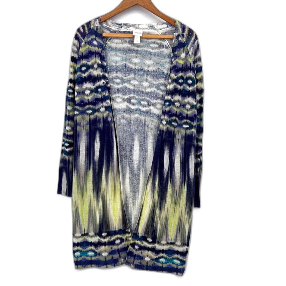 Chicos Cardigan Abstract Open Front Lightweight Side Slits Longline Size 0/Small